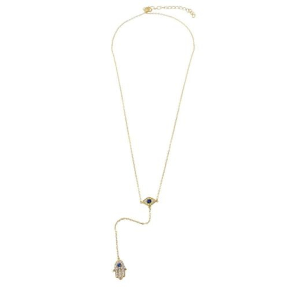 Gold Silver Evil Eye with Dropped Hamsa Necklace - Picture 2 of 7